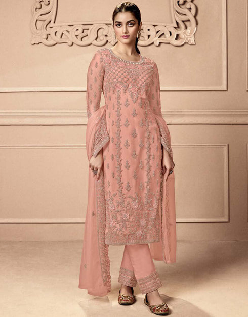 Pinkish Tan Pant style Straight Butterfly Net Salwar Kameez in Cording Embroidery & Lace Work