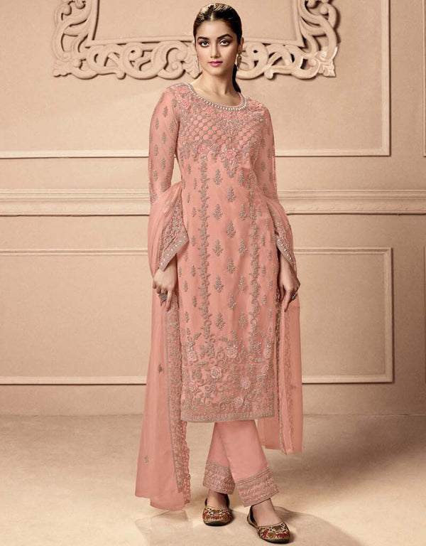 Pinkish Tan Pant style Straight Butterfly Net Salwar Kameez in Cording Embroidery & Lace Work