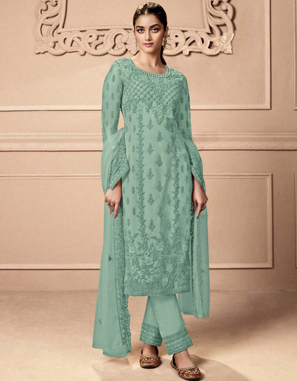 Greenish Grey Pant style Straight Butterfly Net Salwar Kameez in Cording Embroidery & Lace Work