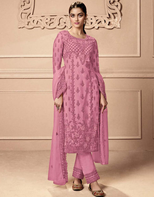 Muted Pink Pant style Straight Butterfly Net Salwar Kameez in Cording Embroidery & Lace Work
