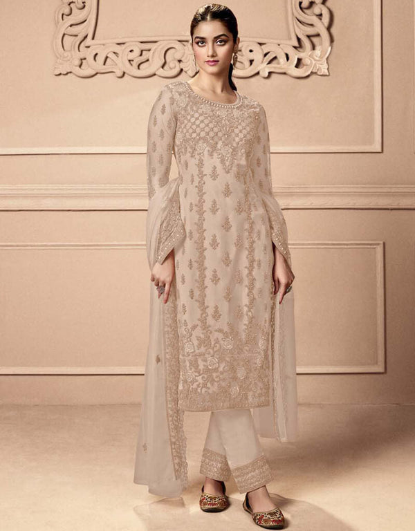 Sorrell Brown Pant style Straight Butterfly Net Salwar Kameez in Cording Embroidery & Lace Work