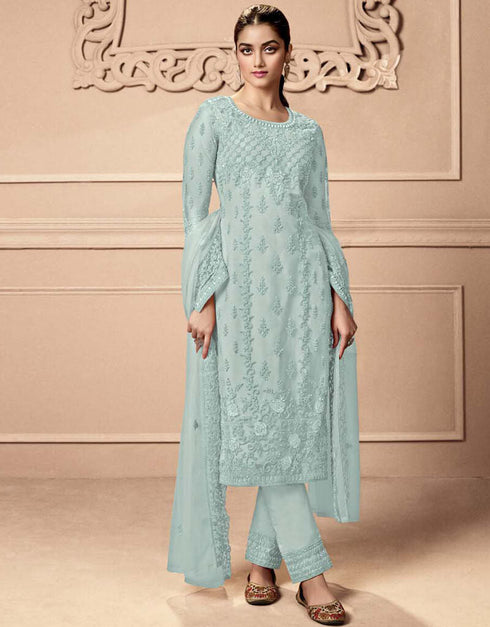 Ash Grey Pant style Straight Butterfly Net Salwar Kameez in Cording Embroidery & Lace Work