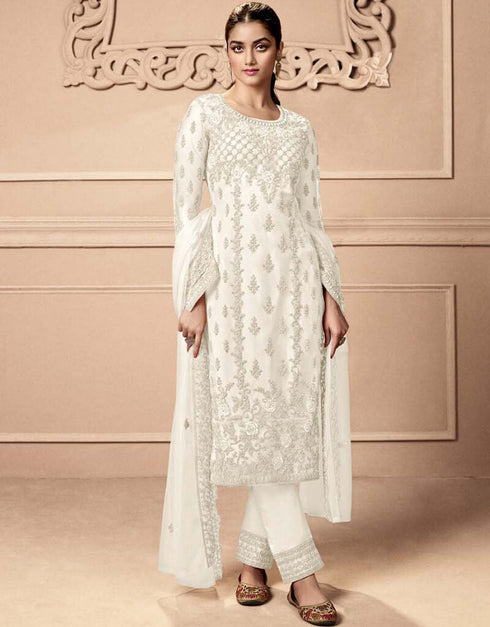 White Rock Pant style Straight Butterfly Net Salwar Kameez in Cording Embroidery & Lace Work