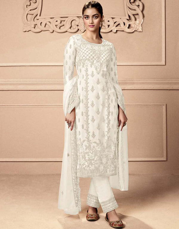 White Rock Pant style Straight Butterfly Net Salwar Kameez in Cording Embroidery & Lace Work