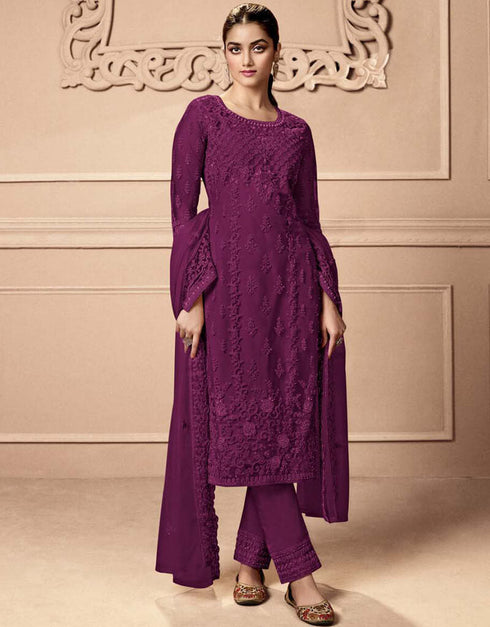 Grape Purple Pant style Straight Butterfly Net Salwar Kameez in Cording Embroidery & Lace Work