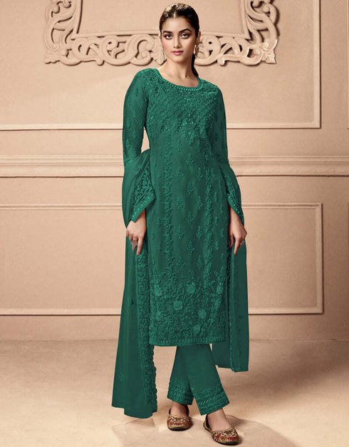Green Pea Pant style Straight Butterfly Net Salwar Kameez in Cording Embroidery & Lace Work