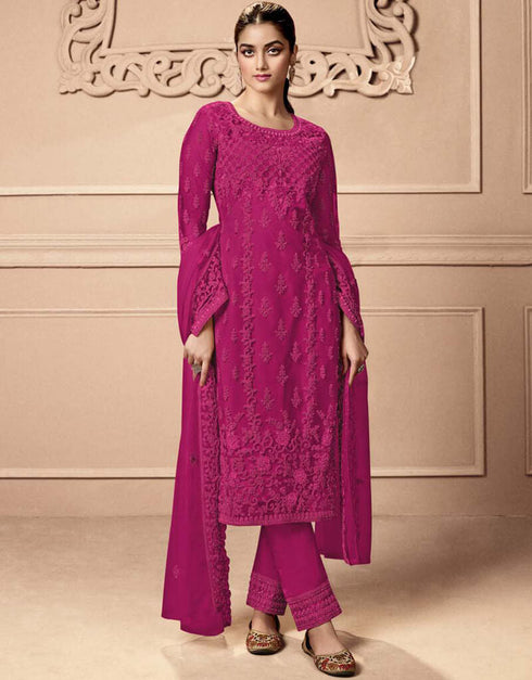 Violet Red Pant style Straight Butterfly Net Salwar Kameez in Cording Embroidery & Lace Work