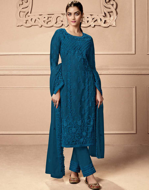 Regal Blue Pant style Straight Butterfly Net Salwar Kameez in Cording Embroidery & Lace Work