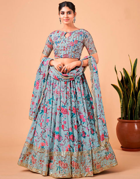 French Grey Lehenga style Choli Semi-Stitched Designer Lehenga Choli Salwar Kameez in Sequins Embroidery, Zari & Lace Work