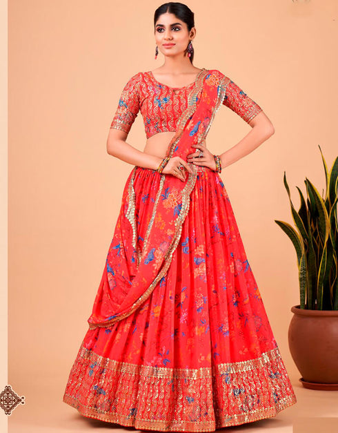 Red Pink Lehenga style Choli Semi-Stitched Designer Lehenga Choli Salwar Kameez in Sequins Embroidery, Zari & Lace Work