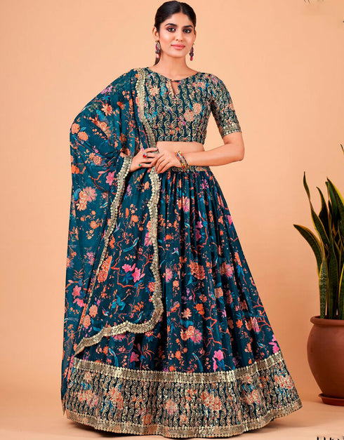 Regal Blue Lehenga style Choli Semi-Stitched Designer Lehenga Choli Salwar Kameez in Sequins Embroidery, Zari & Lace Work