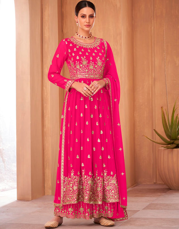 Pink Red Palazzo style Anarkali Semi-Stitched Designer Salwar Kameez Salwar Kameez in Sequins Embroidery & Lace Work