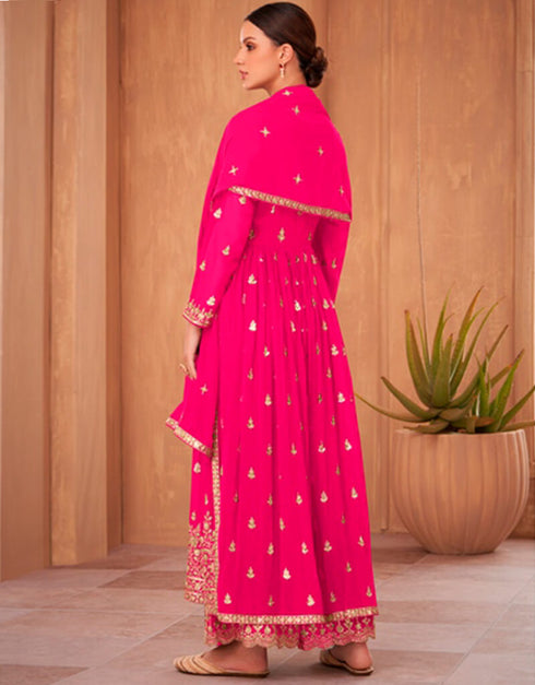 Pink Red Palazzo style Anarkali Semi-Stitched Designer Salwar Kameez Salwar Kameez in Sequins Embroidery & Lace Work Closure View