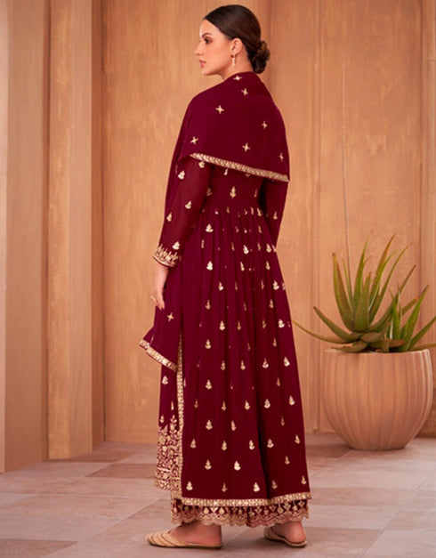 Wine Red Palazzo style Anarkali Semi-Stitched Designer Salwar Kameez Salwar Kameez in Sequins Embroidery & Lace Work Closure View