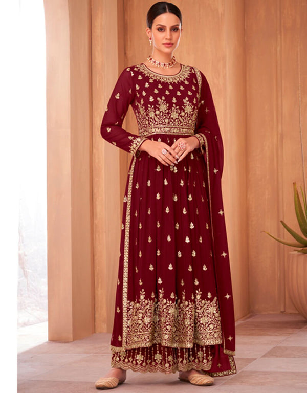 Wine Red Palazzo style Anarkali Semi-Stitched Designer Salwar Kameez Salwar Kameez in Sequins Embroidery & Lace Work