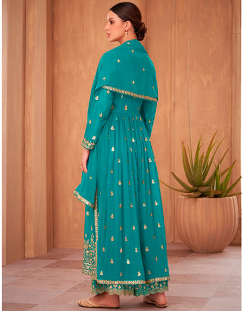 Teal Blue Palazzo style Anarkali Semi-Stitched Designer Salwar Kameez Salwar Kameez in Sequins Embroidery & Lace Work Closure View