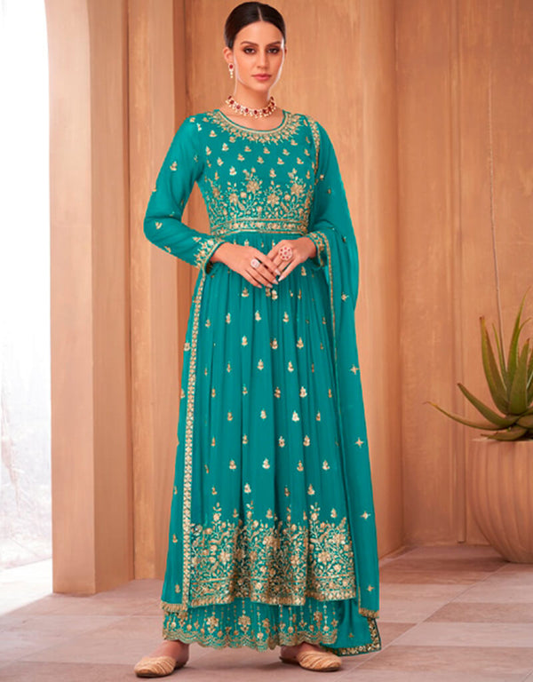 Teal Blue Palazzo style Anarkali Semi-Stitched Designer Salwar Kameez Salwar Kameez in Sequins Embroidery & Lace Work