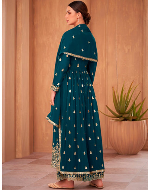 Sherpa Blue Palazzo style Anarkali Semi-Stitched Designer Salwar Kameez Salwar Kameez in Sequins Embroidery & Lace Work Closure View