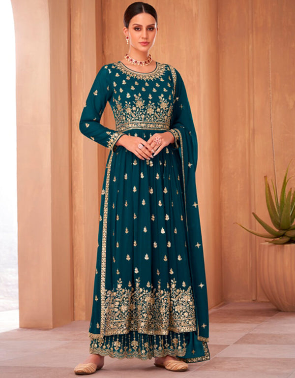 Sherpa Blue Palazzo style Anarkali Semi-Stitched Designer Salwar Kameez Salwar Kameez in Sequins Embroidery & Lace Work