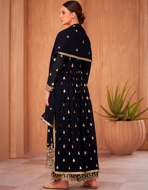 Woodsmoke Palazzo style Anarkali Semi-Stitched Designer Salwar Kameez Salwar Kameez in Sequins Embroidery & Lace Work Closure View