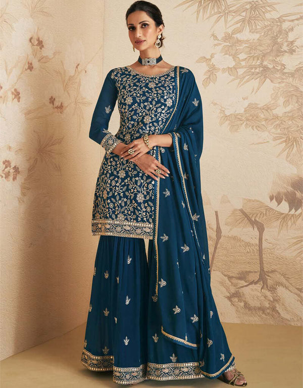 Nile Blue Sharara style Suit Blooming Georgette Salwar Kameez in Sequins Embroidery & Lace Work