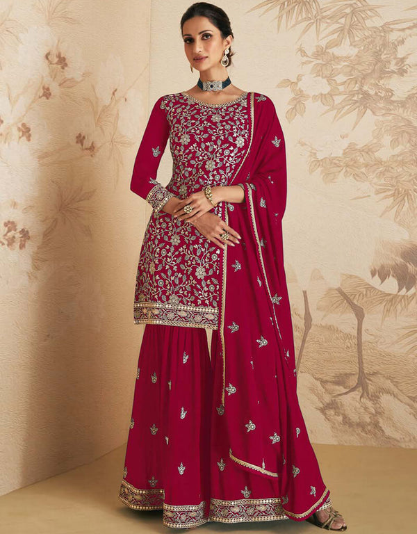 Wine Red Sharara style Suit Blooming Georgette Salwar Kameez in Sequins Embroidery & Lace Work