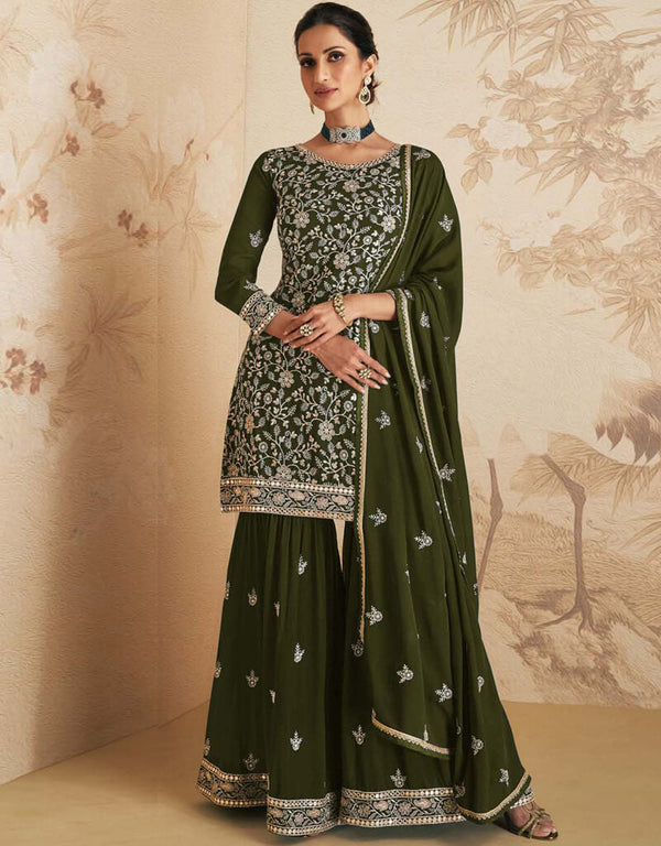 Thatch Green Sharara style Suit Blooming Georgette Salwar Kameez in Sequins Embroidery & Lace Work