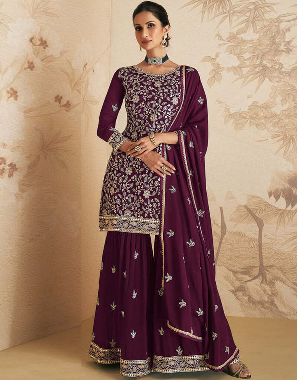 Wine Berry Sharara style Suit Blooming Georgette Salwar Kameez in Sequins Embroidery & Lace Work