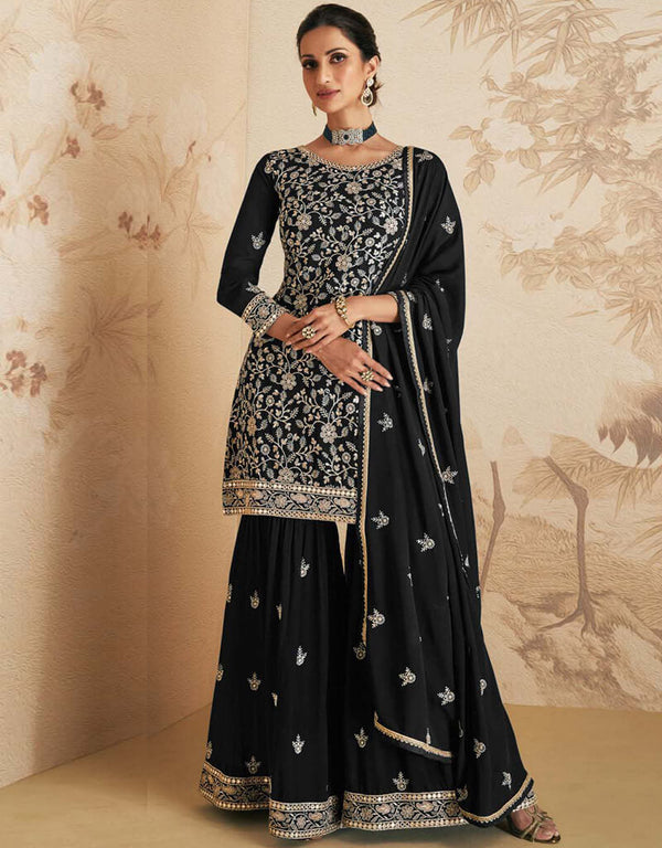Smoky Black Sharara style Suit Blooming Georgette Salwar Kameez in Sequins Embroidery & Lace Work
