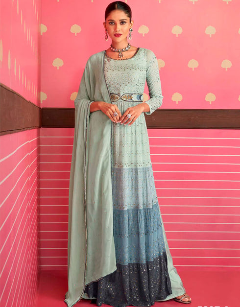 Grey Pant style Anarkali Faux Georgette Salwar Kameez in Sequins Embroidery & Lace Work