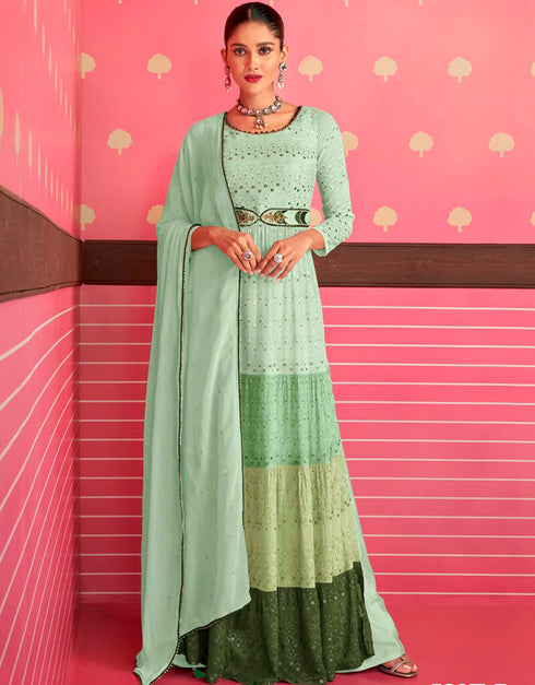 Periglacial Blue Pant style Anarkali Faux Georgette Salwar Kameez in Sequins Embroidery & Lace Work