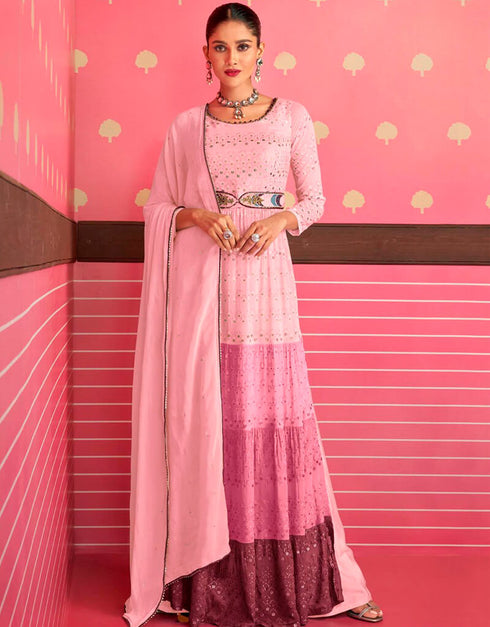 Dusty Rose Pant style Anarkali Faux Georgette Salwar Kameez in Sequins Embroidery & Lace Work