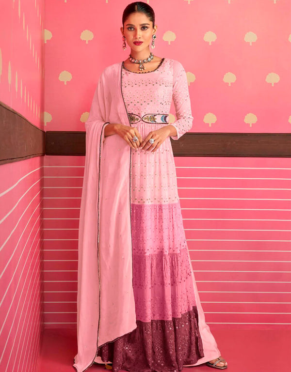 Dusty Rose Pant style Anarkali Faux Georgette Salwar Kameez in Sequins Embroidery & Lace Work