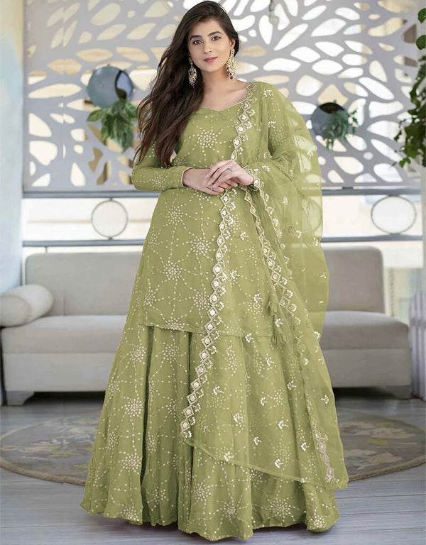 Iguana Green Palazzo style Suit Faux Georgette Salwar Kameez in Sequins Embroidery & Lace Work