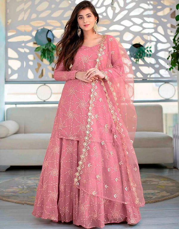 Rose Pink Palazzo style Suit Faux Georgette Salwar Kameez in Sequins Embroidery & Lace Work
