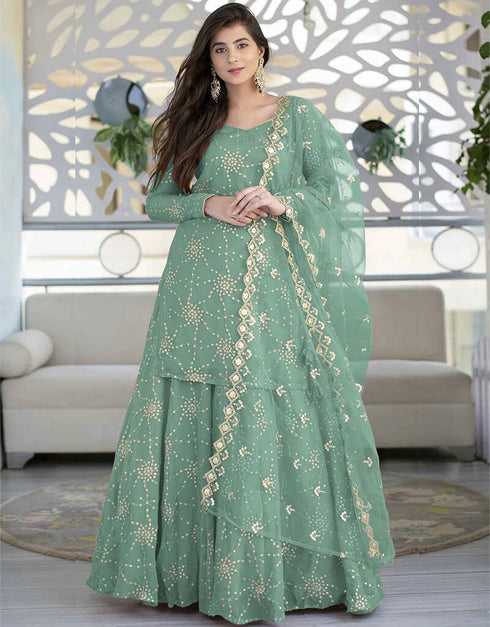 Greyish Green Palazzo style Suit Faux Georgette Salwar Kameez in Sequins Embroidery & Lace Work
