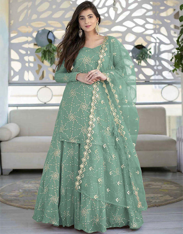 Greyish Green Palazzo style Suit Faux Georgette Salwar Kameez in Sequins Embroidery & Lace Work