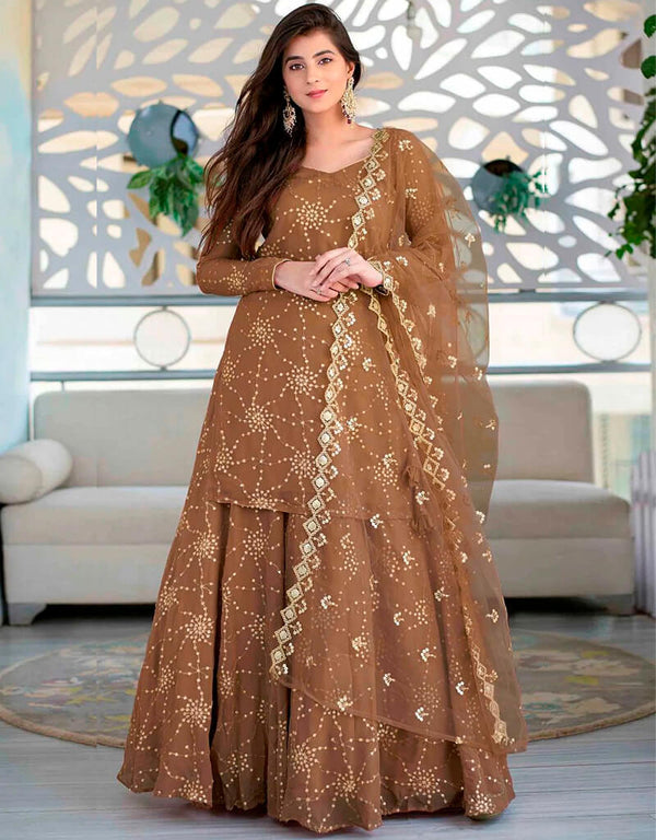Brown Rust Palazzo style Suit Faux Georgette Salwar Kameez in Sequins Embroidery & Lace Work