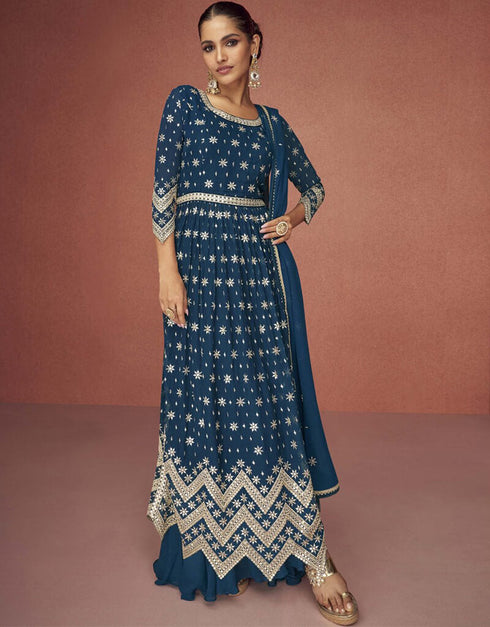 Nile Blue Pant style Anarkali Faux Georgette Salwar Kameez in Cording Embroidery & Lace Work