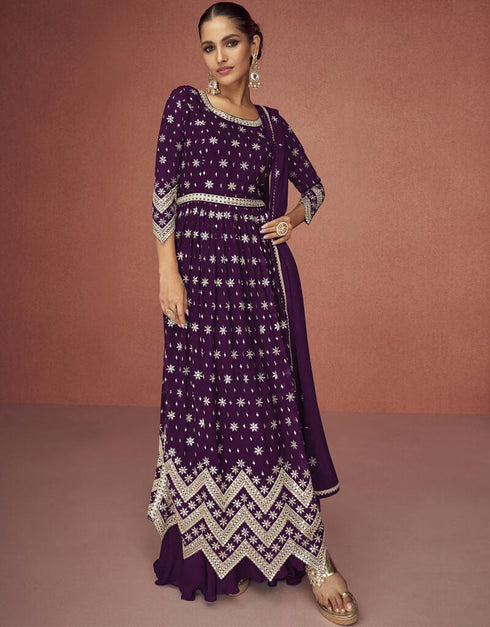 Deep Purple Pant style Anarkali Faux Georgette Salwar Kameez in Cording Embroidery & Lace Work