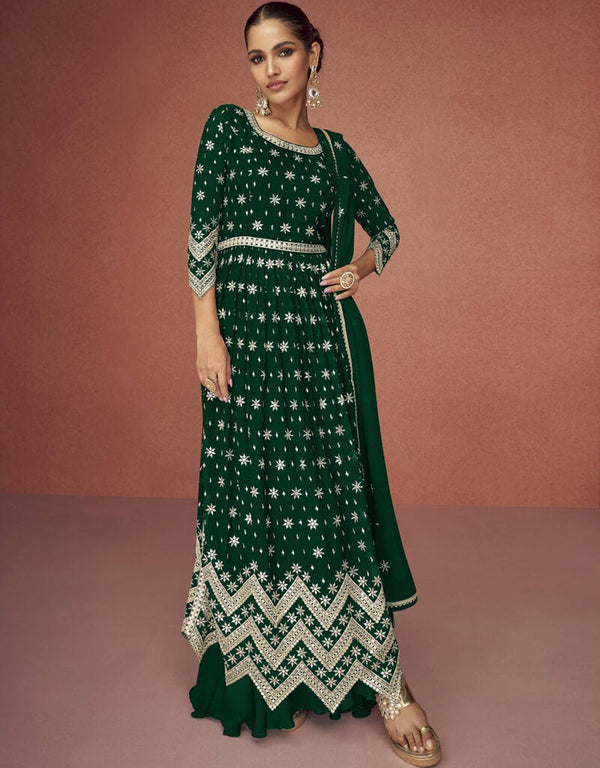 Bottle Green Pant style Anarkali Faux Georgette Salwar Kameez in Cording Embroidery & Lace Work