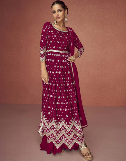Wine Red Pant style Anarkali Faux Georgette Salwar Kameez in Cording Embroidery & Lace Work