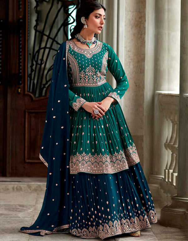 Bottle Green Lehenga style Suits Faux Georgette Salwar Kameez in Cording Embroidery & Lace Work