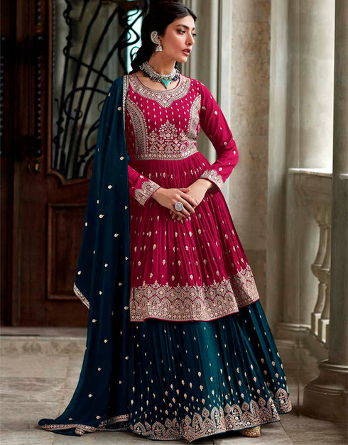 Purplish Red Lehenga style Suits Faux Georgette Salwar Kameez in Cording Embroidery & Lace Work