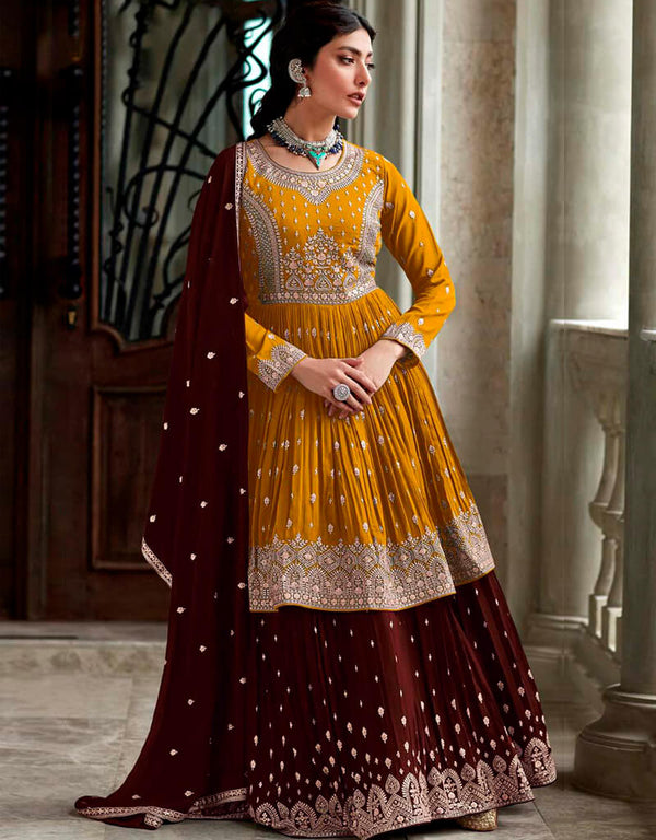 Burnt Orange Lehenga style Suits Faux Georgette Salwar Kameez in Cording Embroidery & Lace Work