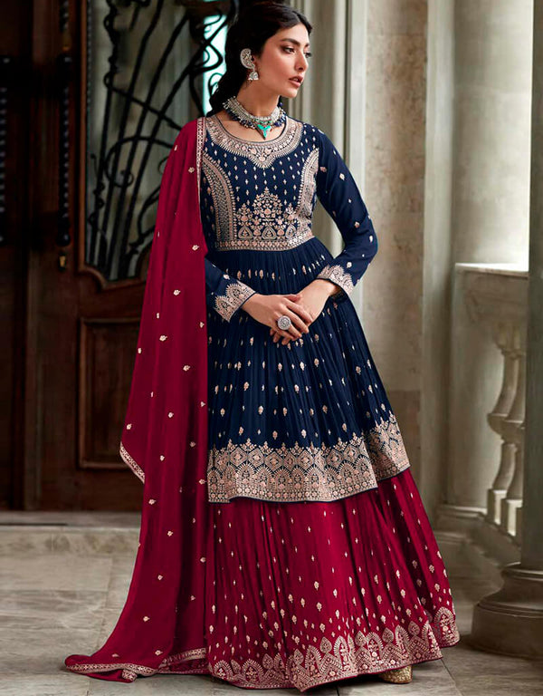 Dark Lehenga style Suits Faux Georgette Salwar Kameez in Sequins Embroidery, Stone & Lace Work
