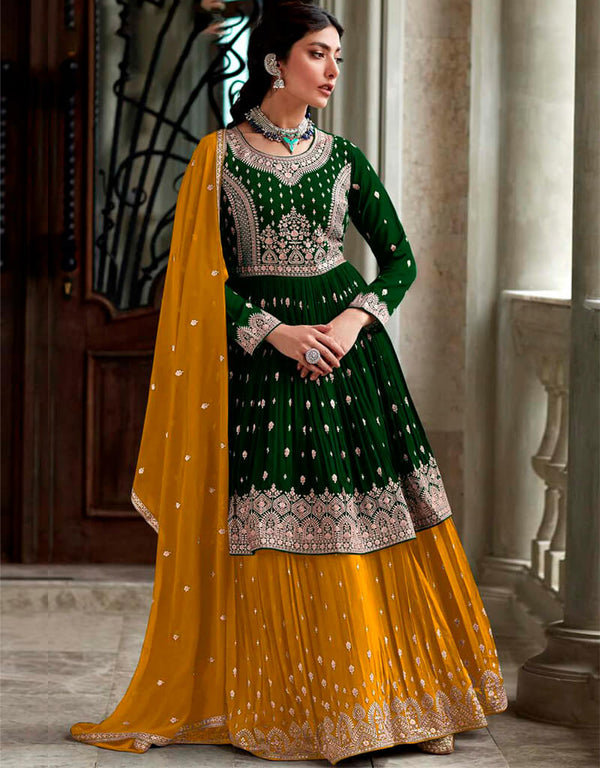 Palm Green Lehenga style Suits Faux Georgette Salwar Kameez in Sequins Embroidery, Stone & Lace Work
