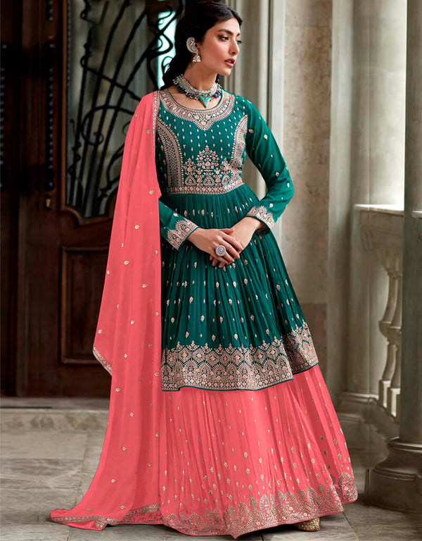 Teal Green Lehenga style Suits Faux Georgette Salwar Kameez in Sequins Embroidery, Stone & Lace Work