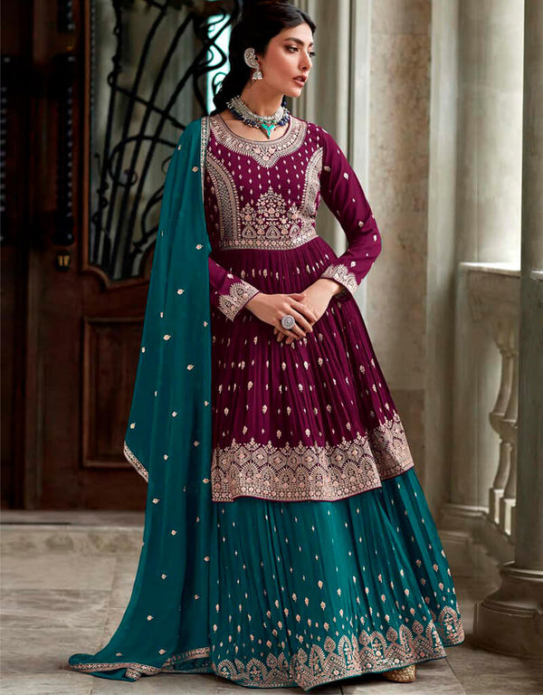 Maroon Oak Lehenga style Suits Faux Georgette Salwar Kameez in Sequins Embroidery, Stone & Lace Work
