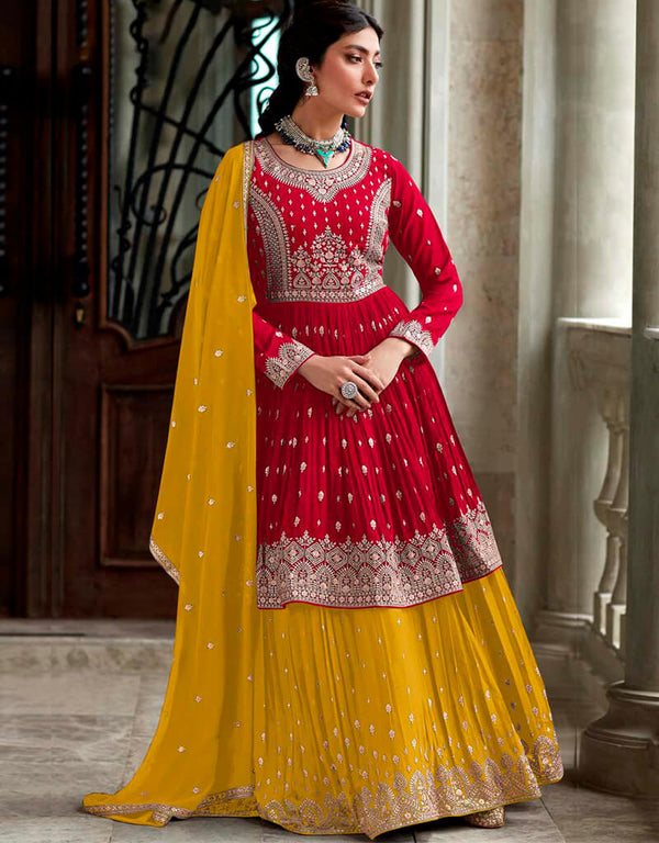 Rose Red Lehenga style Dress Faux Georgette Salwar Kameez in Sequins Embroidery & Lace Work